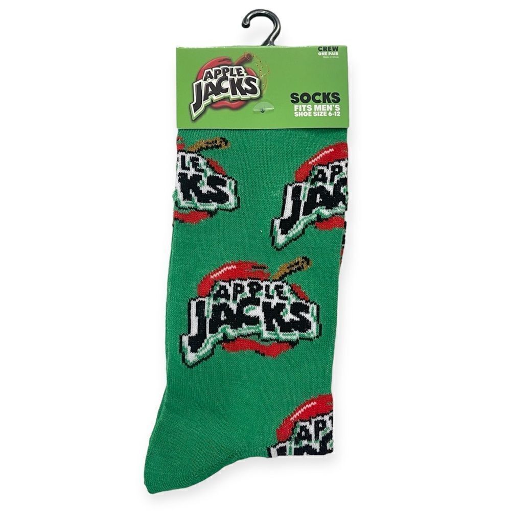 Kellogg’s Apple Jacks Men’s Green Fun Print Novelty Crew Socks Shoe Size 6-12